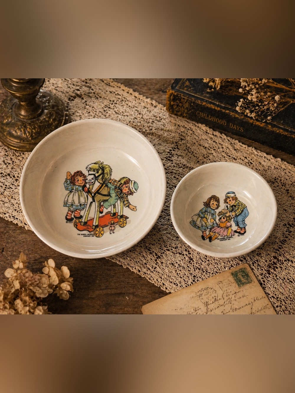 Oneida Raggedy Ann & Andy Melamine Bowls S & L different scenes on each